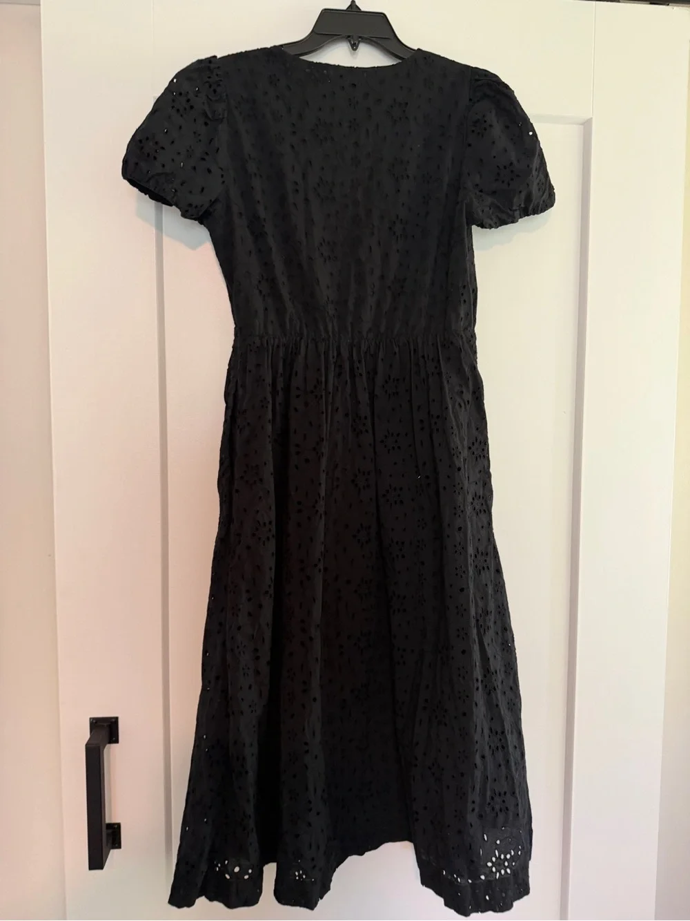 J. Crew Black Eyelet V-Neck Midi Dress with Puff Sleeves